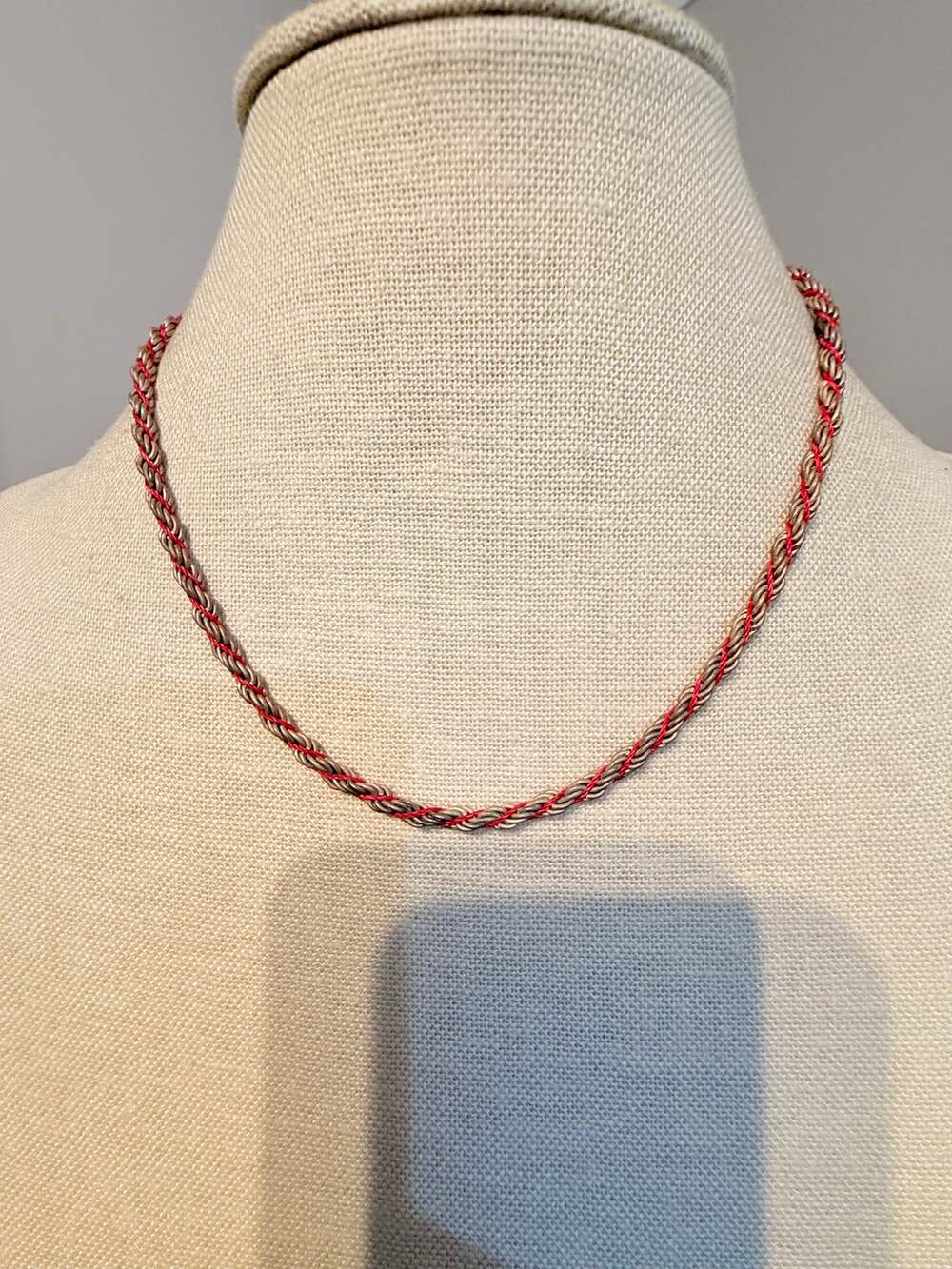 Vintage Braided Red Silver Tone Choker Necklace 16”